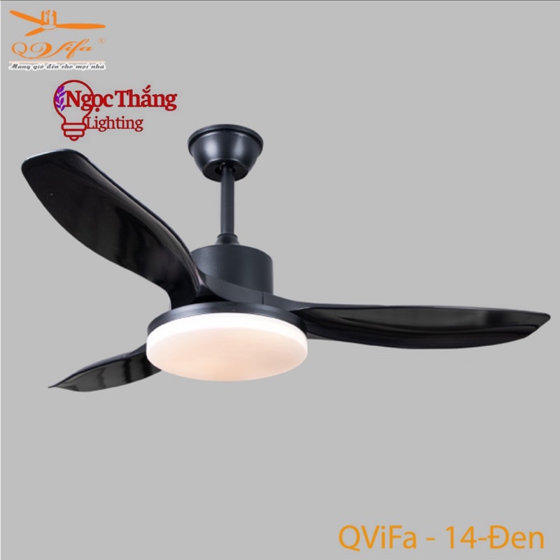 Quạt Trần Đèn Led 3 Cánh Nhựa ABS Trang Trí Sảnh Phòng Khách Cao Cấp VF14/Đen Ngọc Thắng Kèm Remote