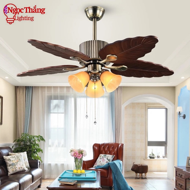 Quạt Trần Đèn 5 Cánh Gỗ Chiếc Lá Trang Trí Phòng Khách Bảo Hành 5 Năm 48KSP250 QT2062 Ngọc Thắng