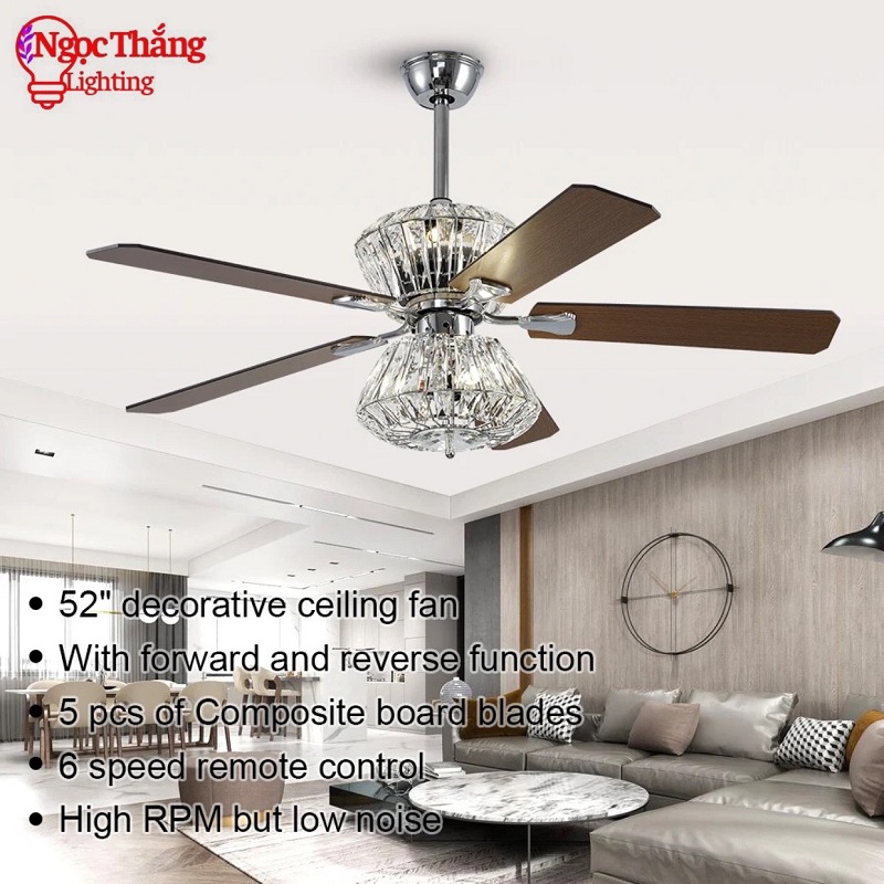 Quạt Trần Pha Lê 5 Cánh Trang Trí Phòng Khách Bảo Hành 5 Năm QT45 Ngọc Thắng Kèm Remote
