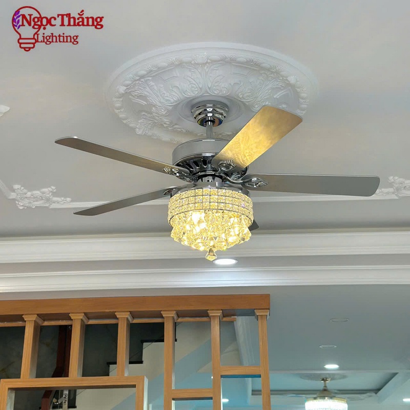 Quạt Trần Pha Lê 5 Cánh Gỗ Trang Trí Phòng Khách Bảo Hành 5 Năm QT5277 Ngọc Thắng Kèm Remote - Ảnh 9