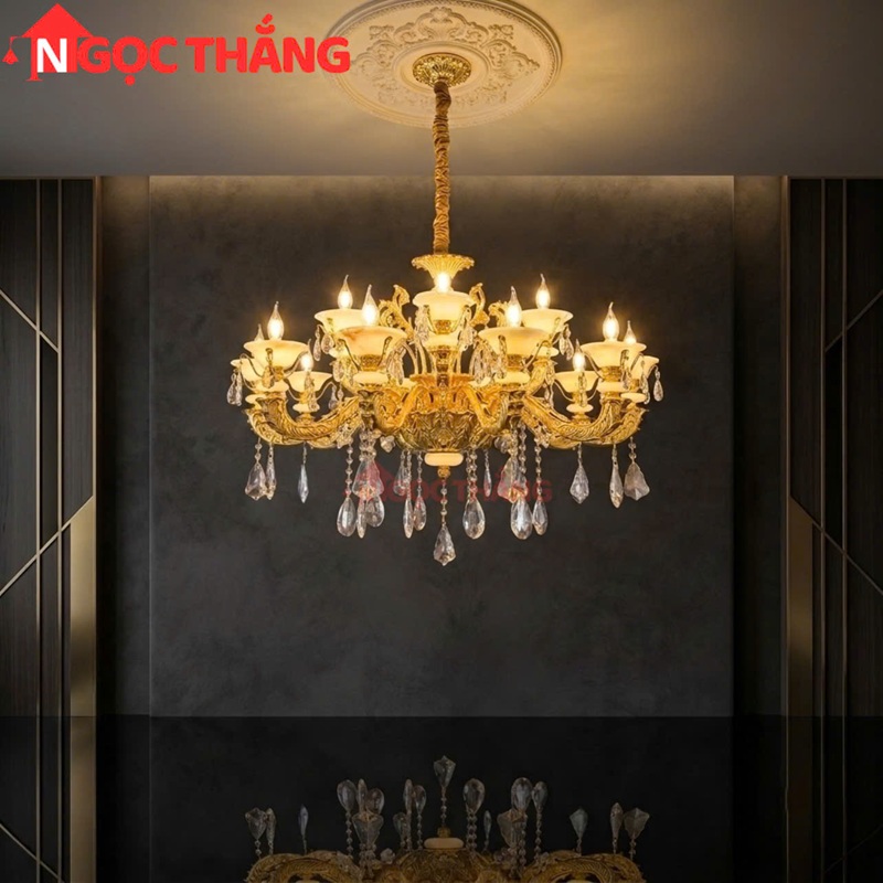 Đèn chùm pha lê chao đá vân mây trang trí phòng khách phòng ngủ khách sạn LED vàng 220V 60W DC6239T15 Ngọc Thắng