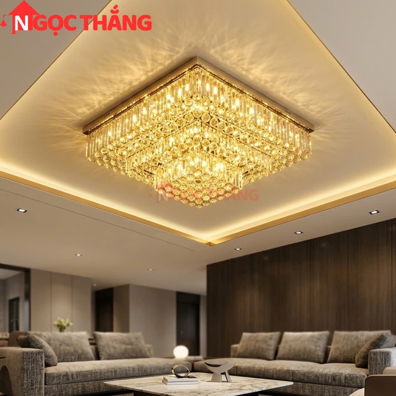 Đèn ốp trần pha lê 100cm cổ điển trang trí phòng khách LED 3 màu 220V OTPL40406V100 Ngọc Thắng