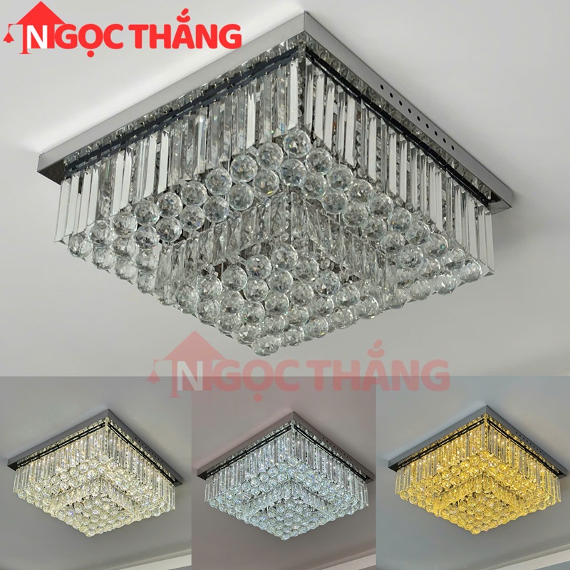 Đèn ốp trần pha lê 60-80-100cm cổ điển trang trí phòng khách LED 3 màu 220V OTPL40406V Ngọc Thắng
