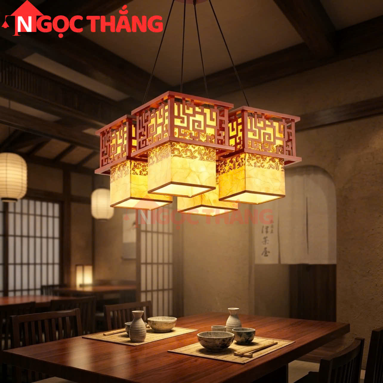 Đèn thả trần gỗ trang trí phòng khách phòng thờ quán ăn nhà hàng 220V 48W OTG01 Ngọc Thắng