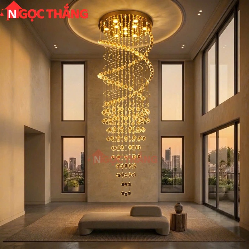 Đèn thả trần pha lê thông tầng 2m trang trí phòng khách sảnh khách sạn trong nhà 60W 220V TPL205 Ngọc Thắng