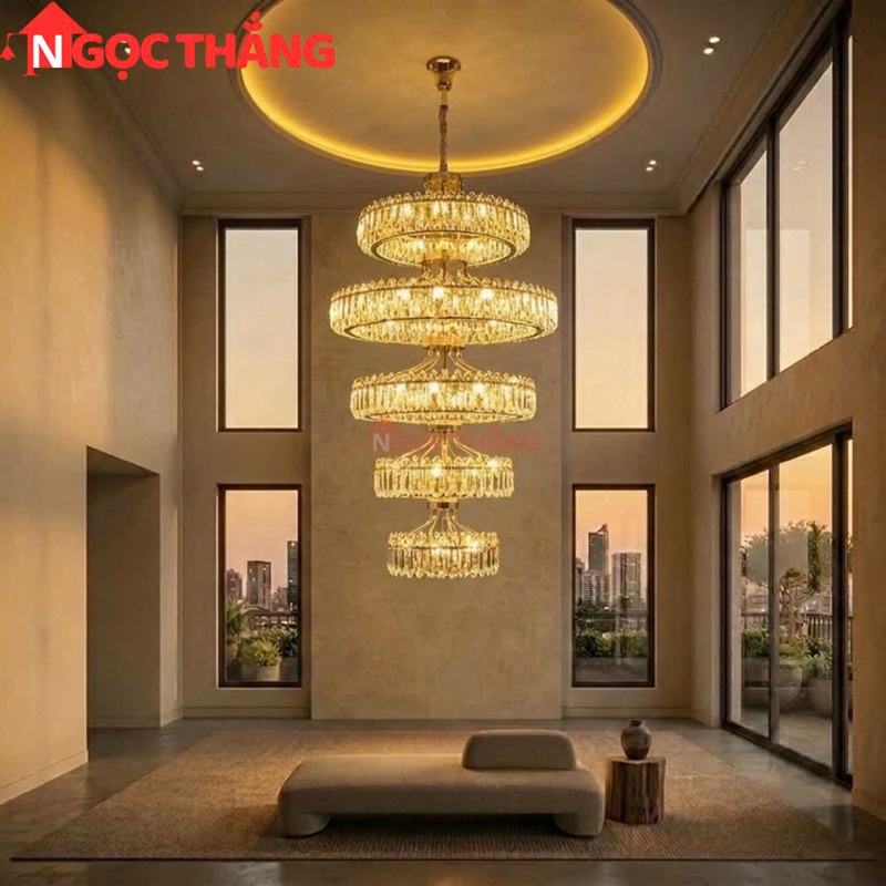 Đèn thả trần pha lê thông tầng 2m1 trang trí phòng khách sảnh khách sạn trong nhà 696W 220V TPL2199T5 Ngọc Thắng