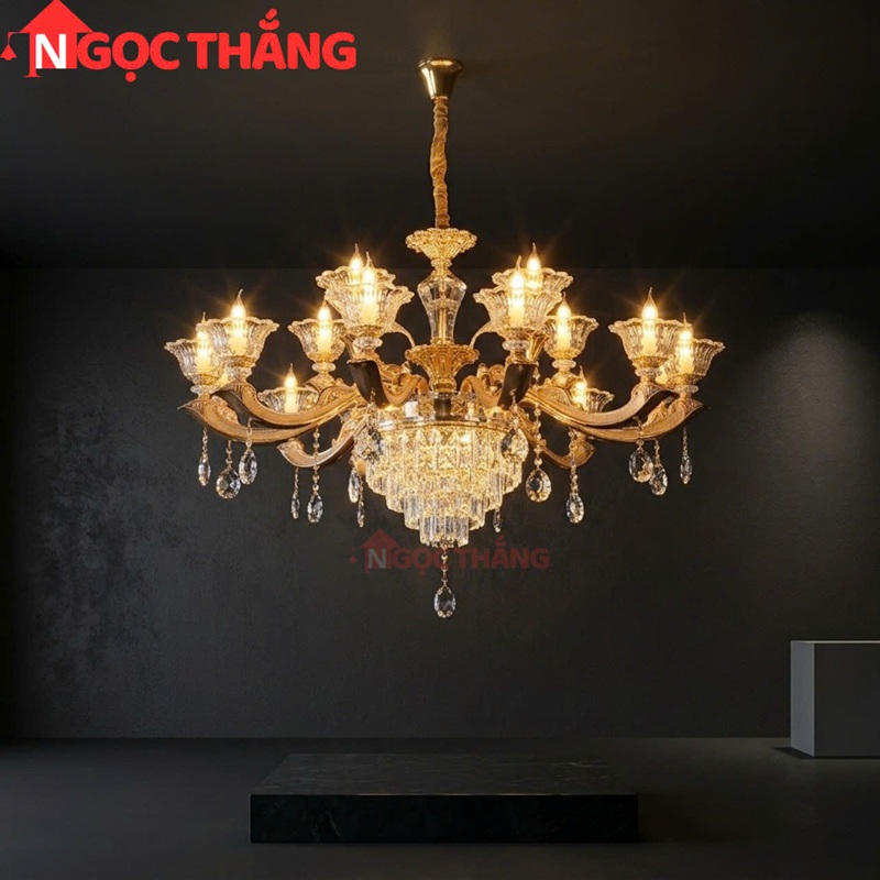 Đèn thả trần pha lê trang trí phòng khách phòng ngủ khách sạn LED vàng 220V 84W DC891T15 Ngọc Thắng