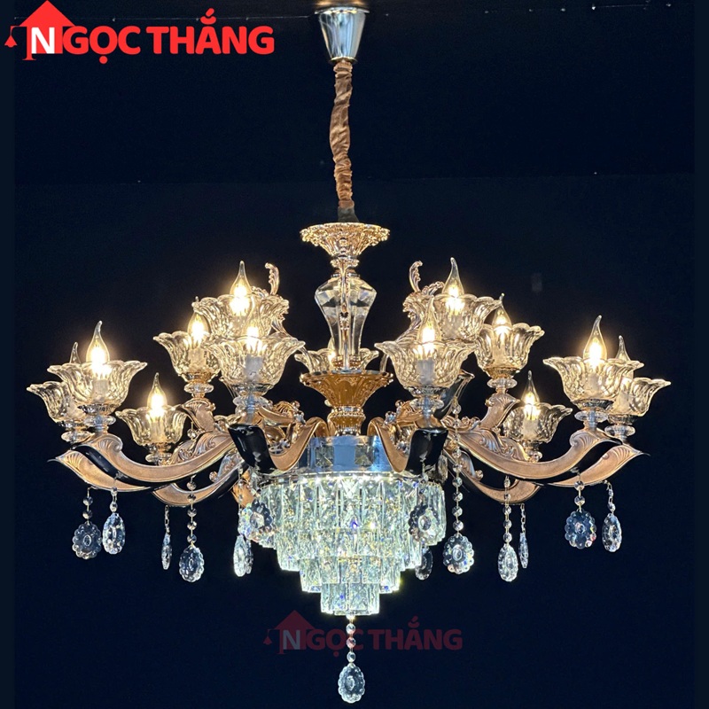 Đèn thả trần pha lê trang trí phòng khách phòng ngủ khách sạn LED vàng 220V 84W DC891T15 Ngọc Thắng - Ảnh 5